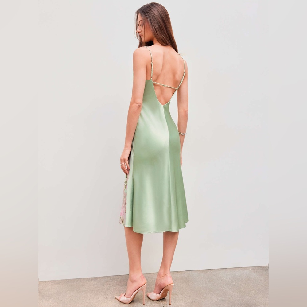 NWT Cider Satin Floral Backless Midi Slip Dress Pale Green w Pink Size Medium - Picture 5 of 14